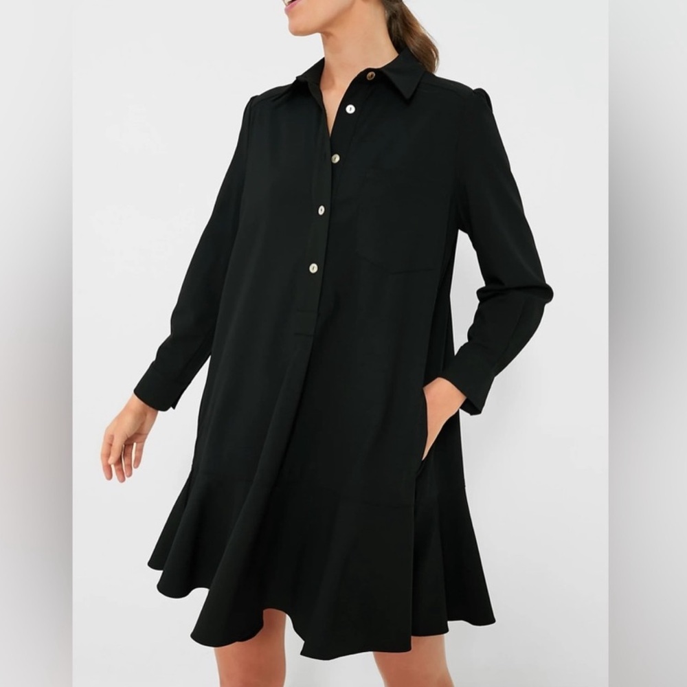 Tuckernuck Black Callahan Shirt Dress Ruffle Hem Swing S Pockets Long Sleeve